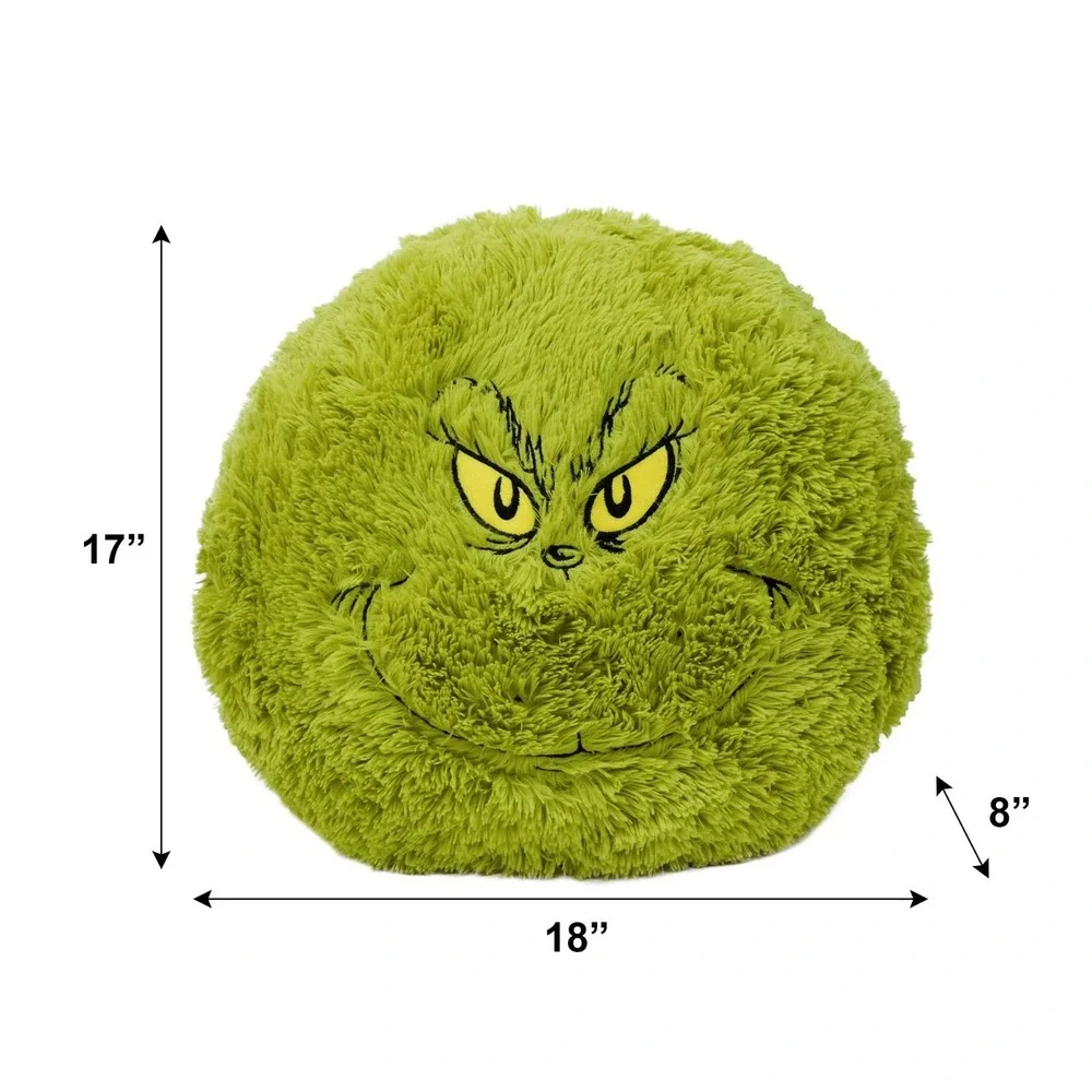 The Grinch 16 Inch Shaggy Green Faux Furry Round Christmas Holiday Pillow